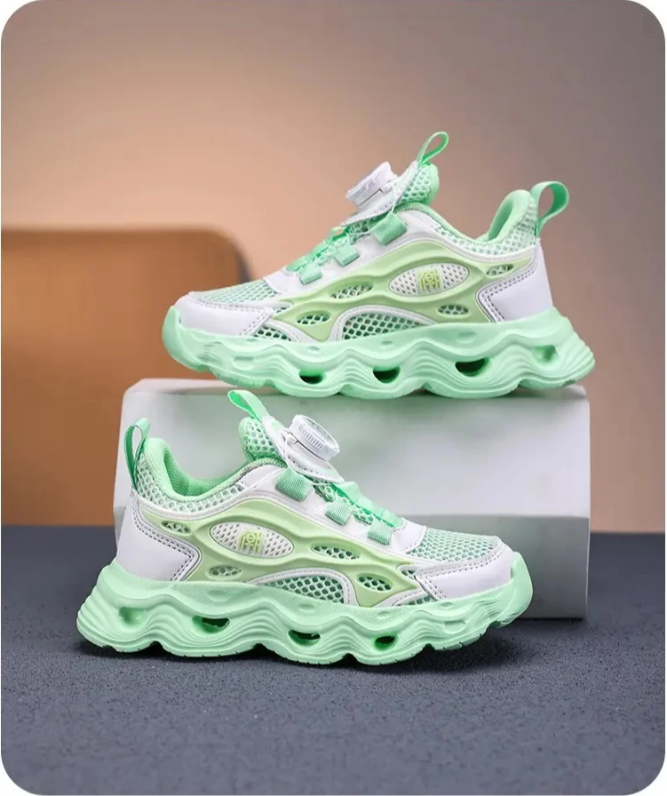 Детские кроссовки с вращающейся кнопкой и выдолбленной одной сеткой, большие детские противоскользящие и дышащие кроссовки на мягкой подошве.