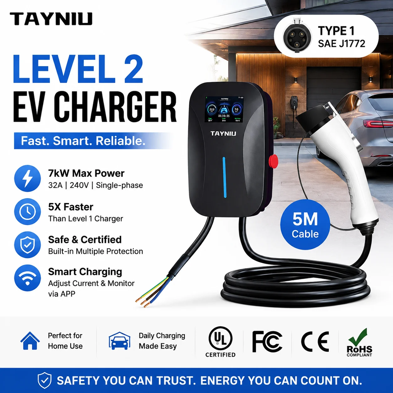 TAYNIU Level 2 Home EV Charger 7KW Type 1 J1772 Support APP Control Home Charging Station for Chevrolet/Hyundai/Toyota/Cadillac