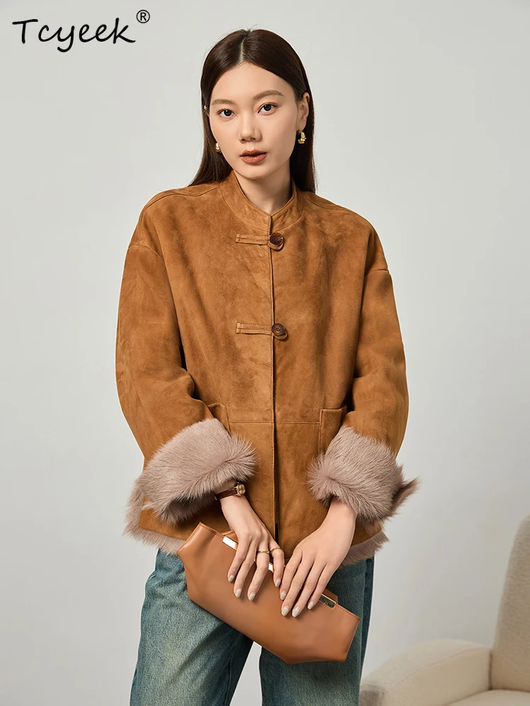 Tcyeek Genuine Wool Autumn Winter High End Trendy Round Necked Maillard Casual Women's Wool Shearing Fur Coat Fourrures Femme