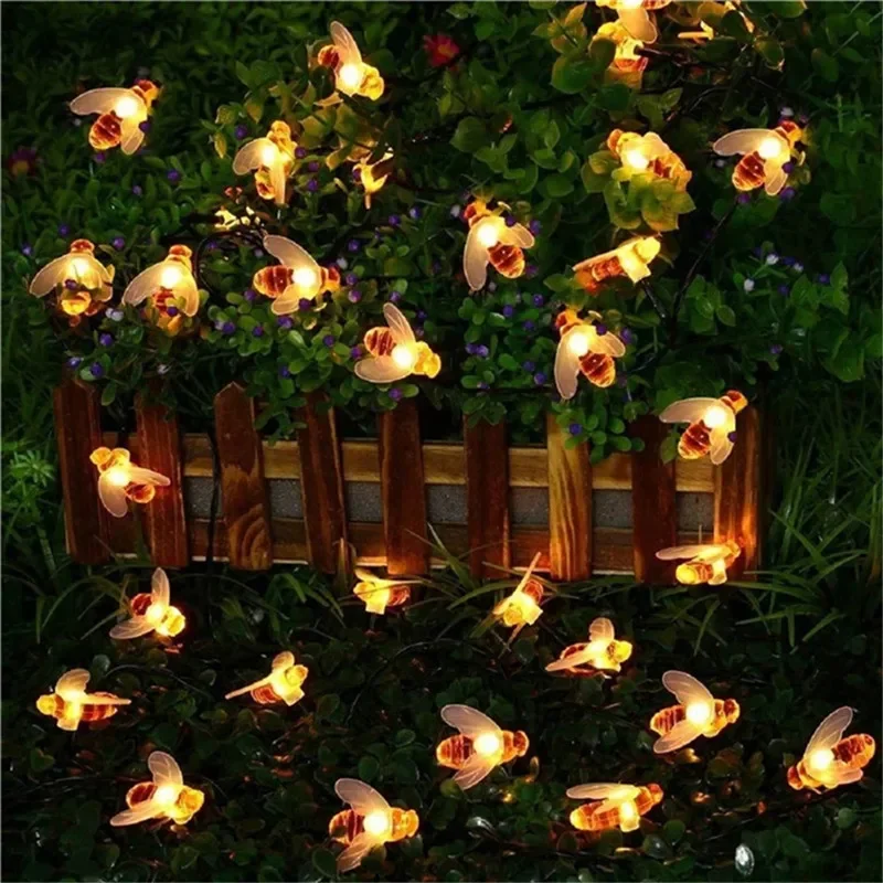 Solar Powered Cute Honey Bee Led String Fairy Light 20 Leds Bee Outdoor Garden Fence Patio Christmas Garland Lights Garden Decor