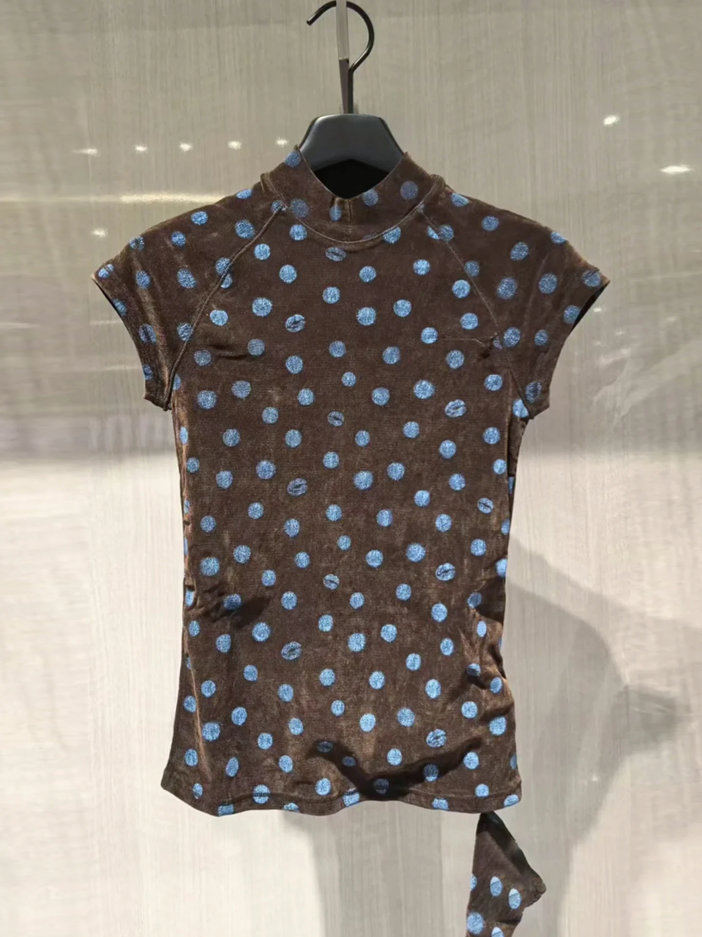

Summer Versatile Slim Fit Polka Dot Velvet T-irt Women's Premium Faion Design Commute Sle ort Sve f High Collar