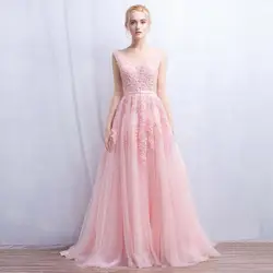 Birthday Gift In Stock Elegant Tulle Prom Dress Appliques Beadeding Evening Dress V Neck Bridesmaid Dress Vestidos De Fiesta