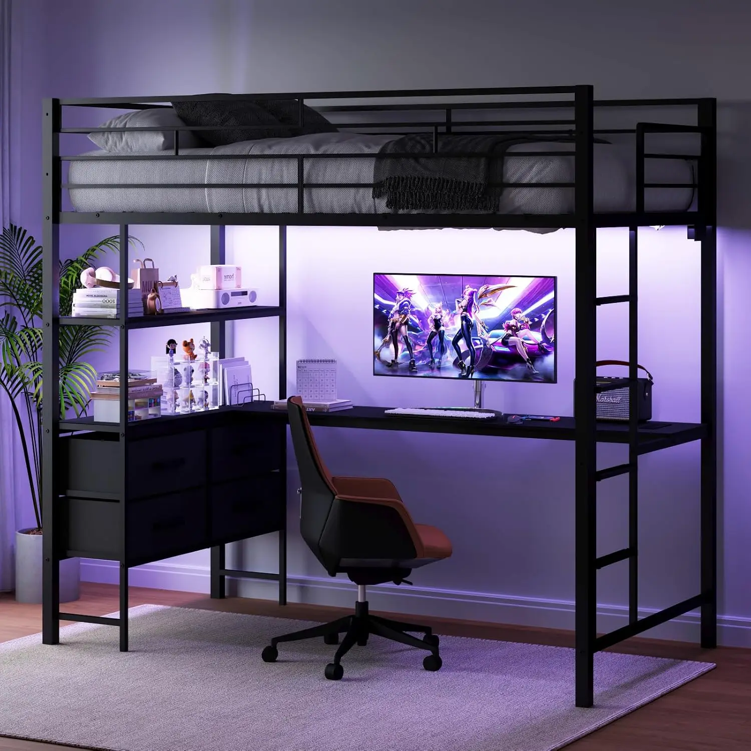 Full Metal Loft Bed Frame with L-Shaped Desk, 15 Inches Guardrail, Non-Slip Ladder, 2 Charging Stations, Storage, Customized