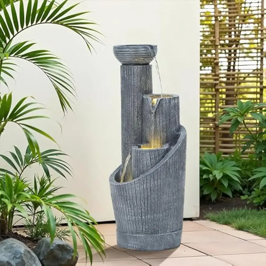Twist Pedestal Bowl Water Feature Cascading Waterfall Illuminated Weatherproof Polyresin Fluted Concrete Garden Patio Decor