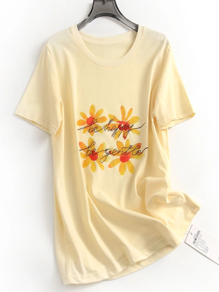 Camiseta Feminina de Algodão Casual com Estampa Floral Margarida e Bordado de Letras, Gola Redonda, Manga Curta, Caimento Solto, Novo Estilo de Verão K398