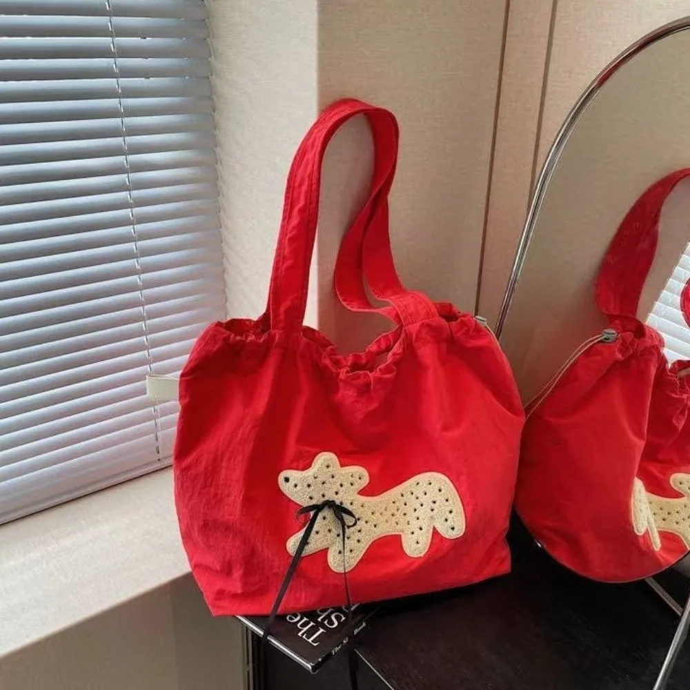 Soft Nylon Drawstring Shoulder Bag Large Capacity Lightweight Travel Tote Bags Puppy Bow Pattern Women Shopping Bag Daily Use