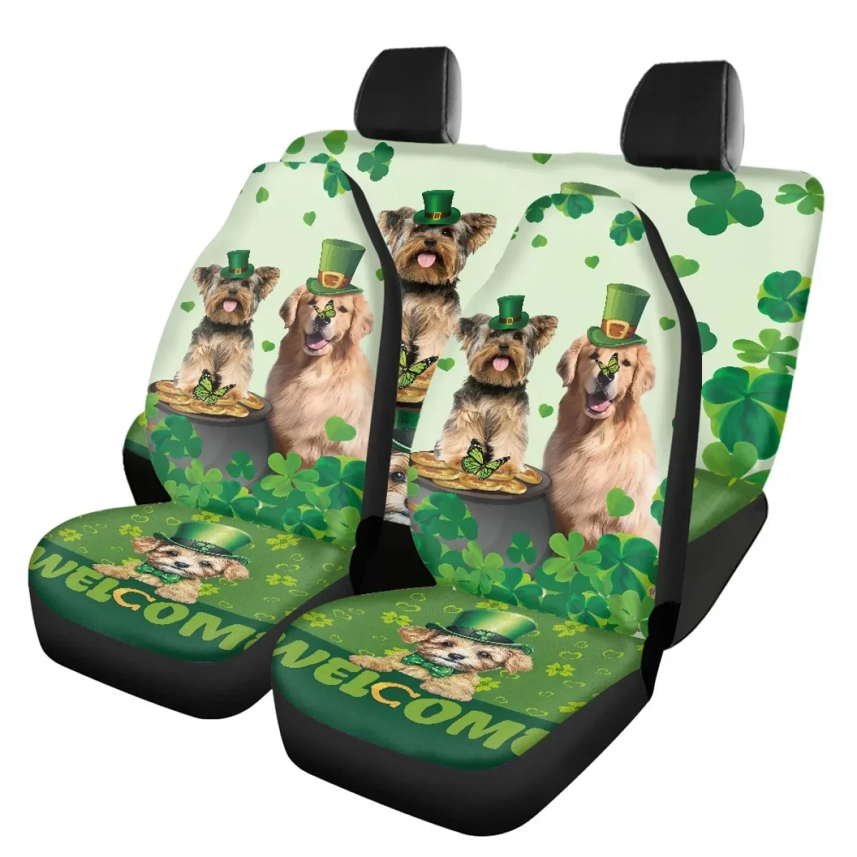 High Elastic Front Back Seat Cover Lovely St. Patrick's Day Yorkie and Golden Retriever Design Auto Interior Seat Protector Gift