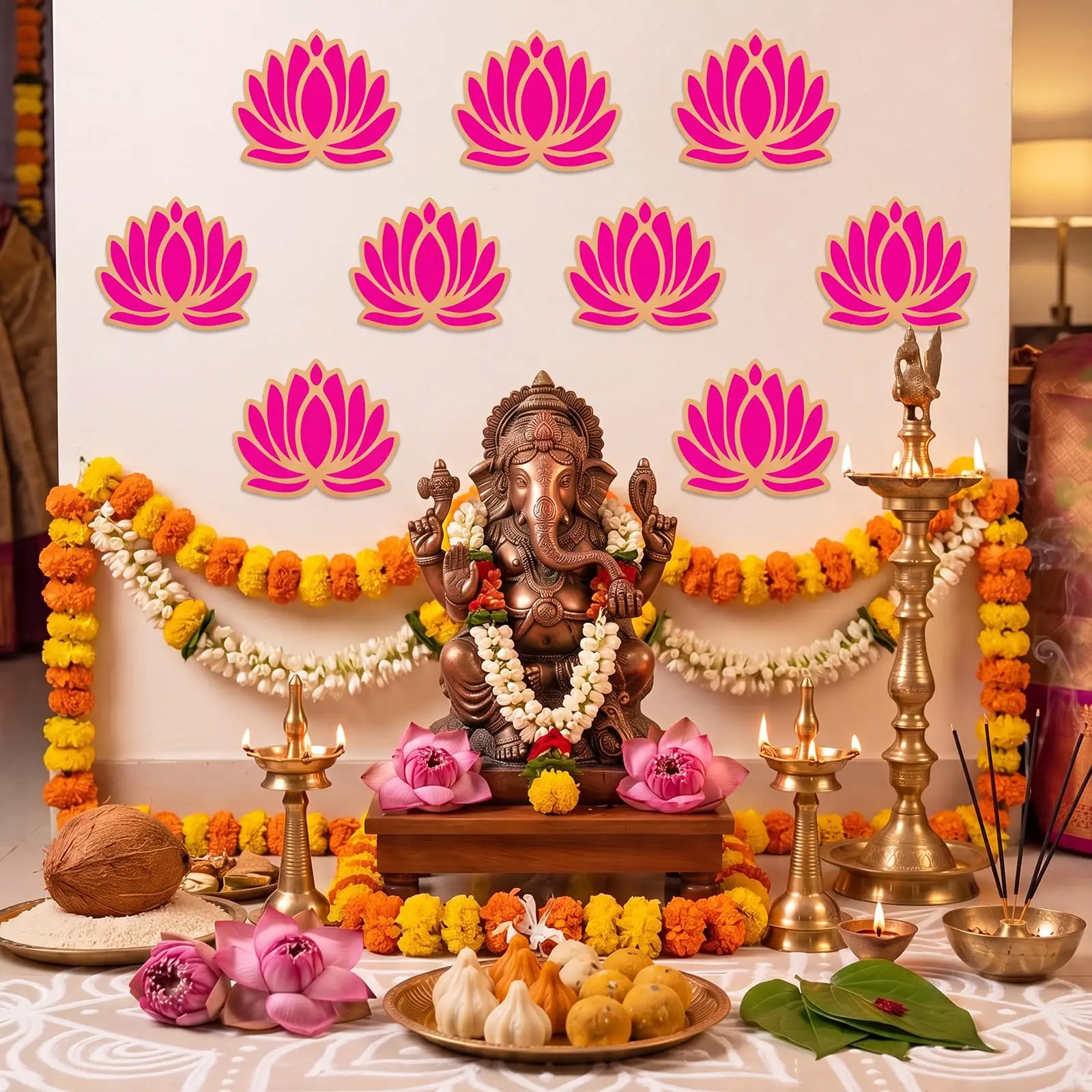 Rosa-goldene Lotus-Papierdekoration für die Wand, Diwali-Hindu-Puja-Hintergrund-Ornament, Dekorationszubehör für indische Festivals und Partys – Detail 4