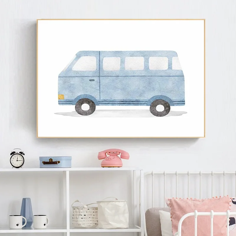 Watercolor Vehicles Wall Art Construction Trucks Emergency Car Canvas Print Kids Room Decor for Boys Nursery Toddler Home Decor