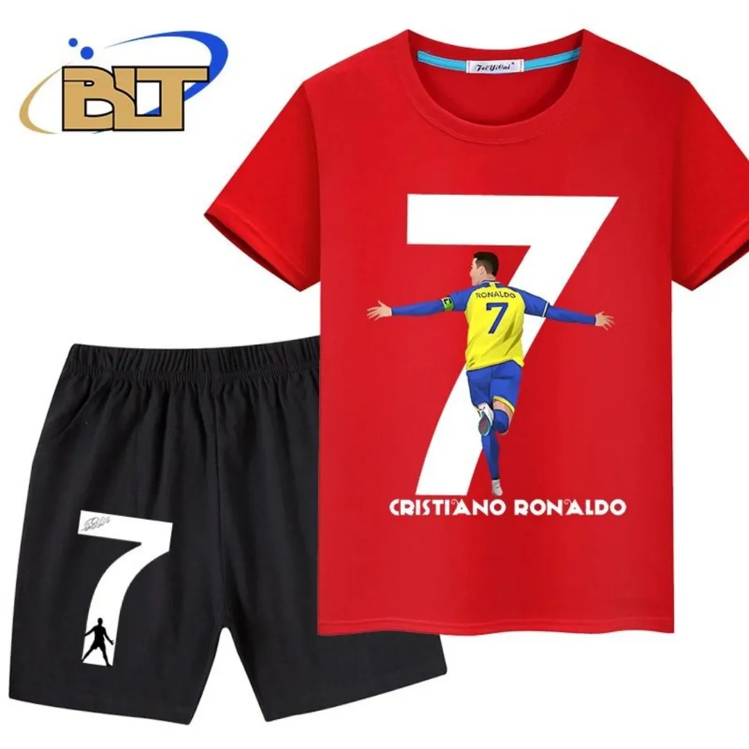 2025 Summer Ronaldo 3D Printed Summer Children's T-shirt Two piece Sports Shorts Set Suitable for Men and Women Comfortable, Sof image 4