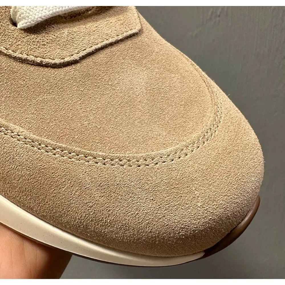Men's Khaki Suede Retro Casual Sneakers, Lace‑Up Lightweight Cushioned Sole Daily Walking Shoes