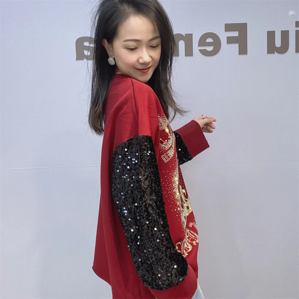 Loose Round Neck Color Block Long Sleeve Sweatshirts Women Spring and Autumn New Heavy Embellished Space Cotton Top 2025 New