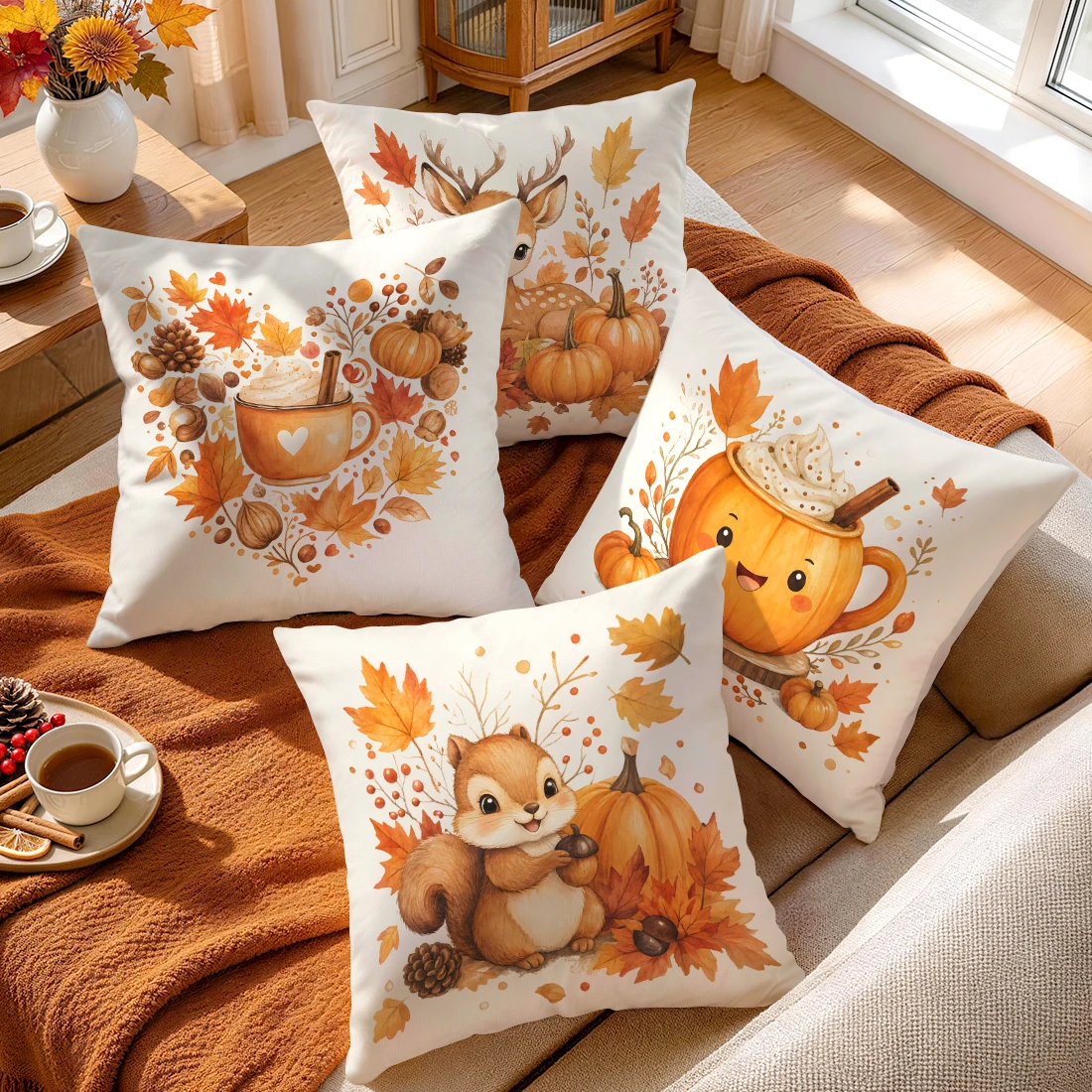Autumn Squirrel Deer Cartoon Cushions Pillowcase Polyester Cushion Cover Throw Pillow Pillowcover Home Car Sofa Decor