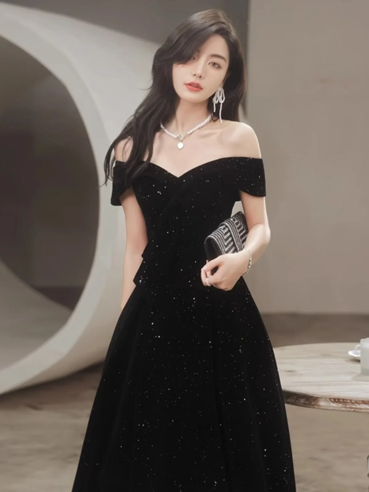 Bla Velvet One oulder Long Evening Dr Spring New Sle 2026 Starry  Host Gown Korean Sle A-Line Skirt