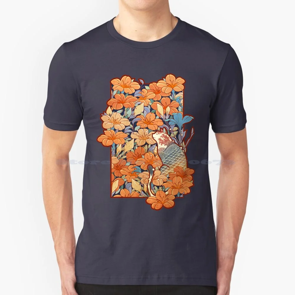 Neko And Flowers T Shirt 100% Cotton Tee Cats And Flowers Cute Animals Floral Kitten Kitty Nature Orange Funny Lotus Cat Lover