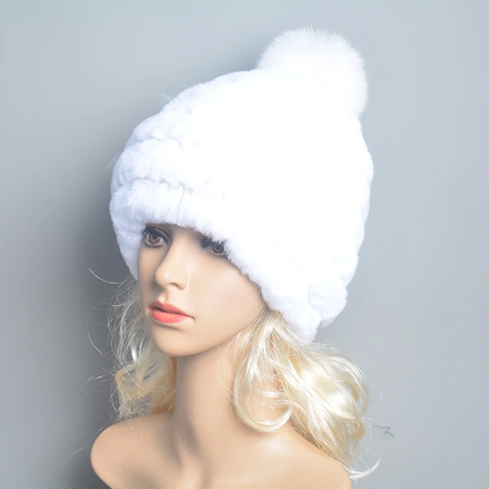 New Luxury Knitted Real Genuine Fox Fur Hats Women Beanies Solid Rex Rabbit Fur Caps Winter Lady Party Fashion Fur Hat Skullies