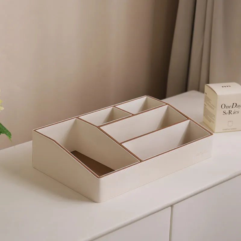 Cream Style Leather Cosmetics Storage Box Premium Sense Skincare Organizer Shelf for Dresser Bedroom Vanity