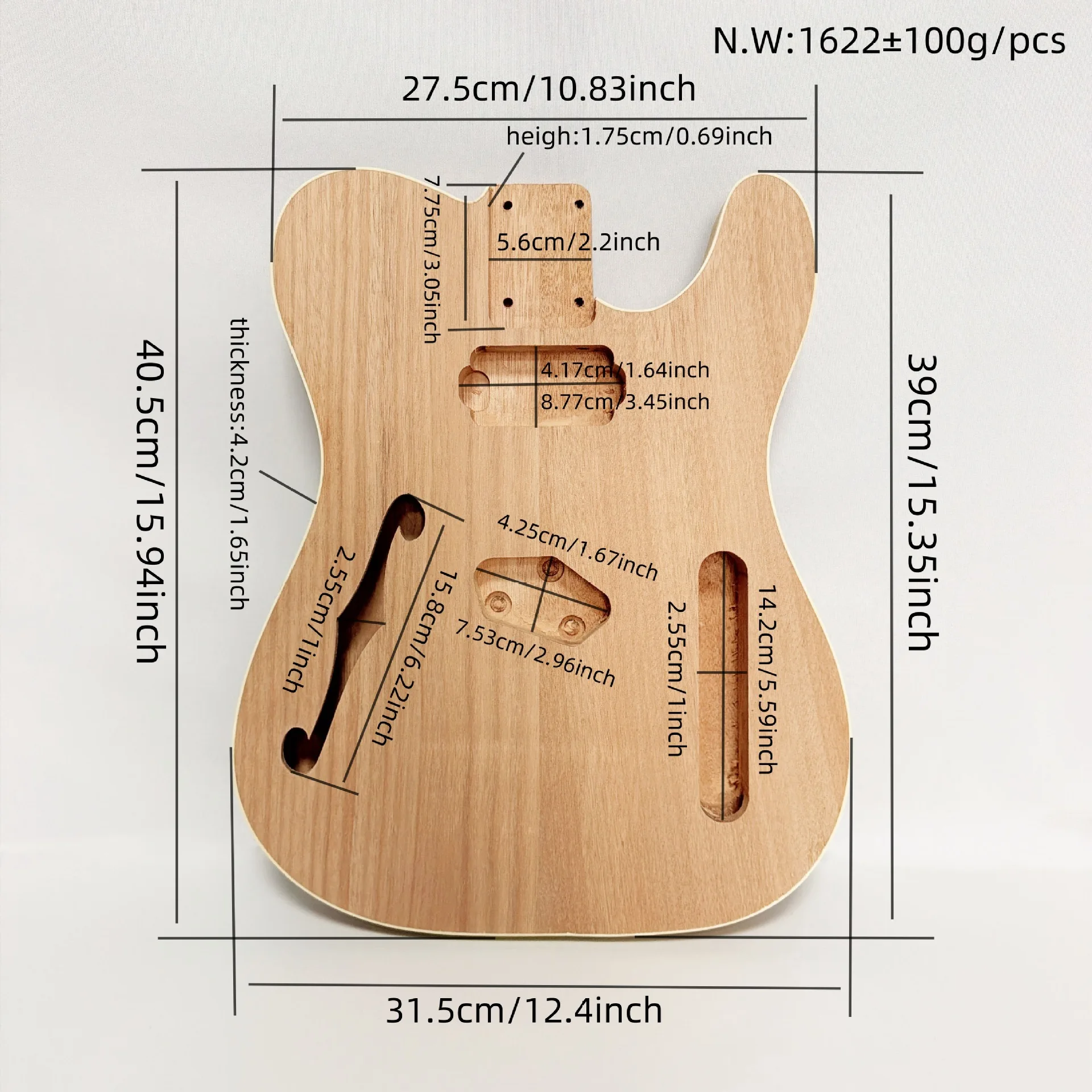 Apricot Wood TL F-hole Semi-Hollow Electric Guitar Body, DIY Semi-finished Guitar Body with Single Pickup Slot