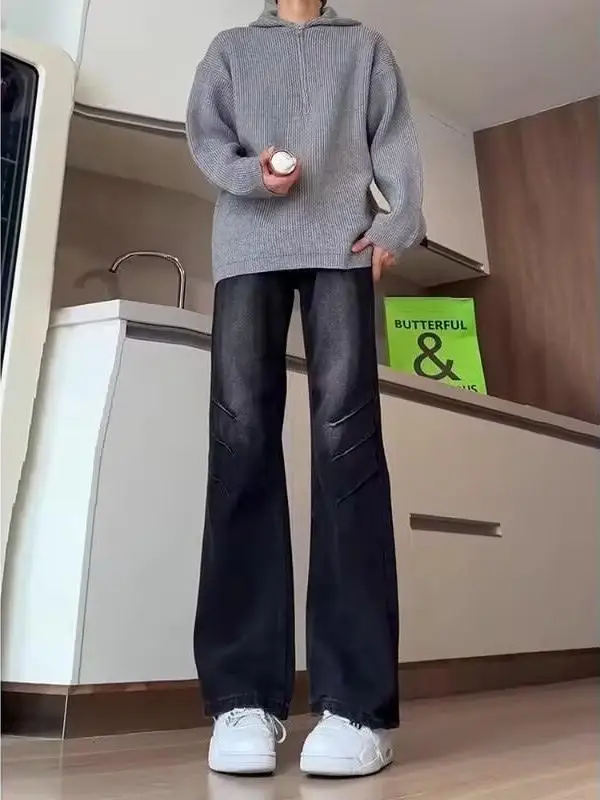 

Black Flared Straight Leg Jeans Men's Spring Autumn High Street Vibe Slimming Tapered Casual Jeans Youth Trendy Wide Leg Pants