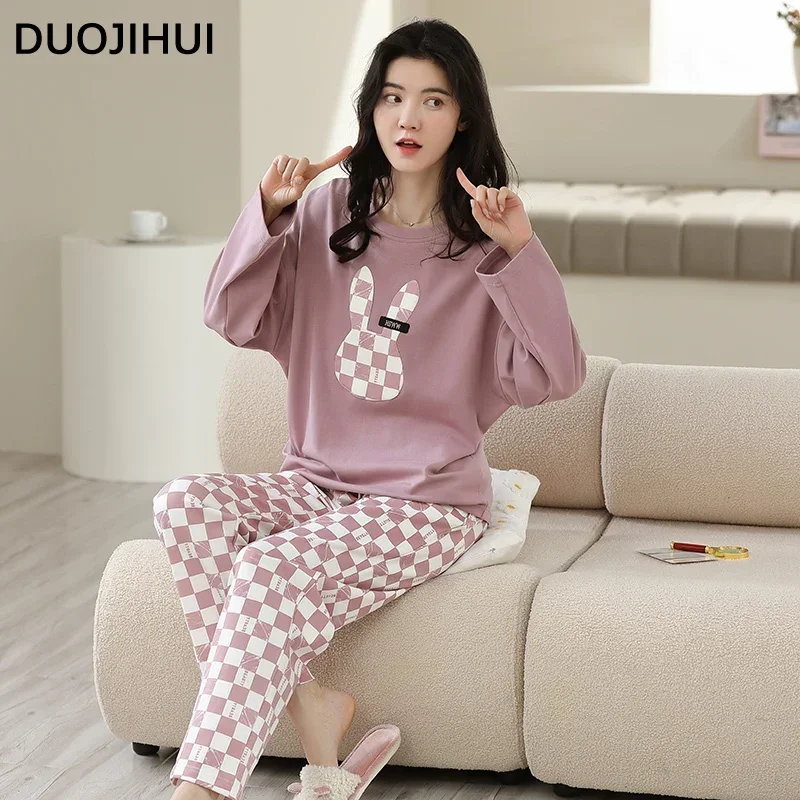 DUOJIHUI Autumn New Casual Home Pajamas for Women Chic Print Loose O-neck Pullover Classic Plaid Pant Fashion Female Pajamas Set