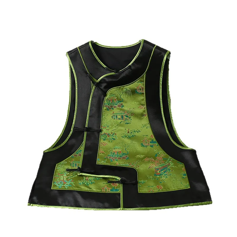 Embroidery Women Chinese Style Qipao Tops Satin Sleeveless Coat Round Collar Jacket Vintage Button Daily Casual Outwear Blouse