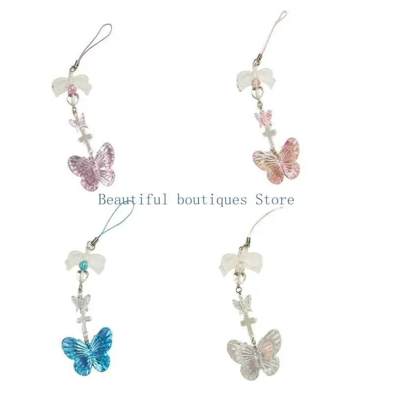 U4LF Colorful Butterfly Charm Phone Strap Acrylic Mobile Chain Women Fashion Accessory
