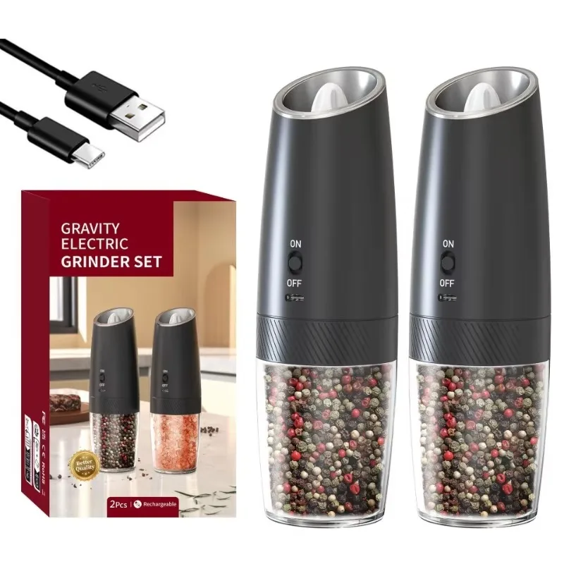 Electric Salt and Pepper Grinder, Automatic Spice Mill with LED Light, Adjustable Coarseness, Type-C Rechargeable Kitchen Tool