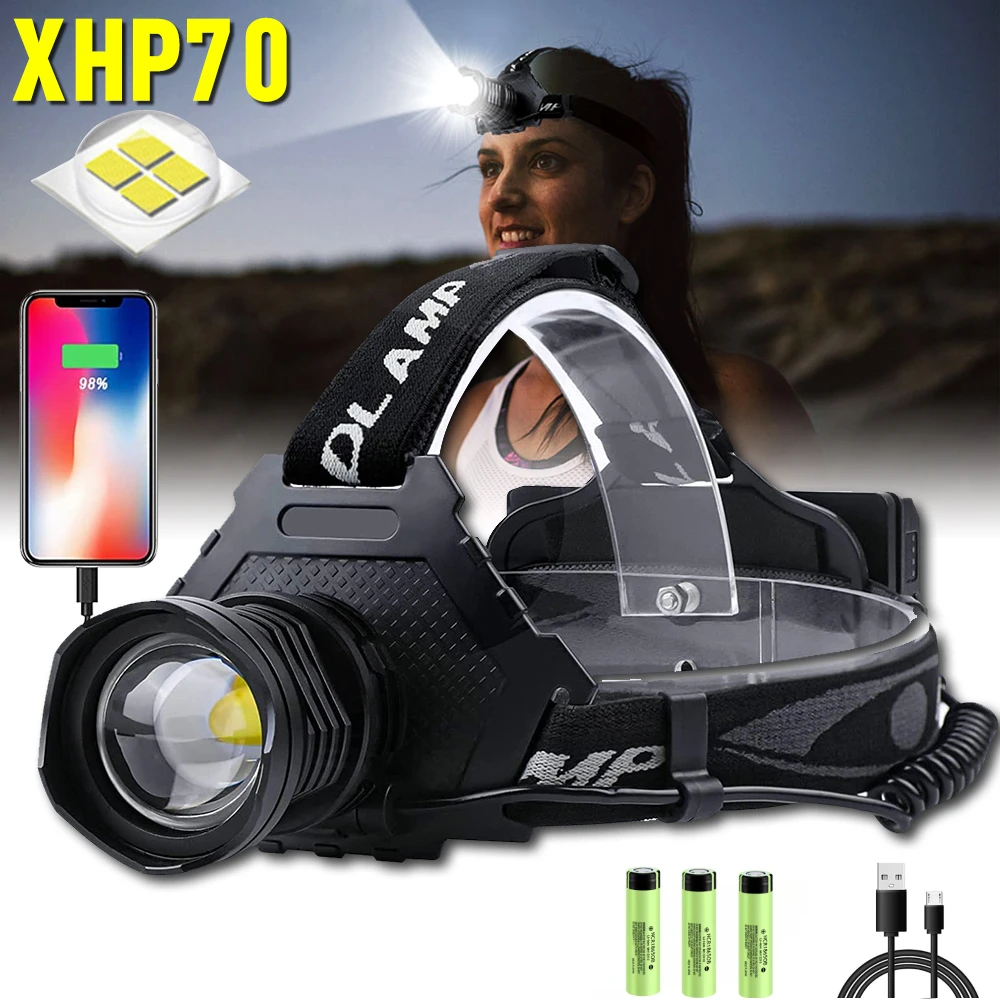 

Суперяркий налобный фонарь XHP70 LED, перезаряжаемый, с функцией Power Bank, для рыбалки, с зумом, для активного отдыха, кемпинга, бега