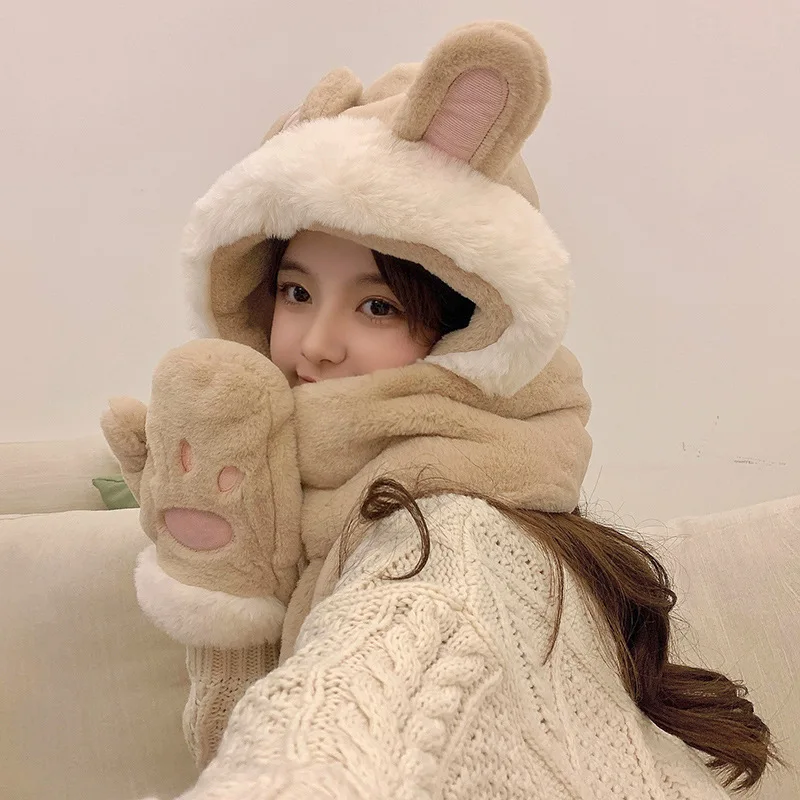 

Cute Rabbit Ears Hats Gloves And Scarves Three Piece Sweet Thickened Warm Winter Hat