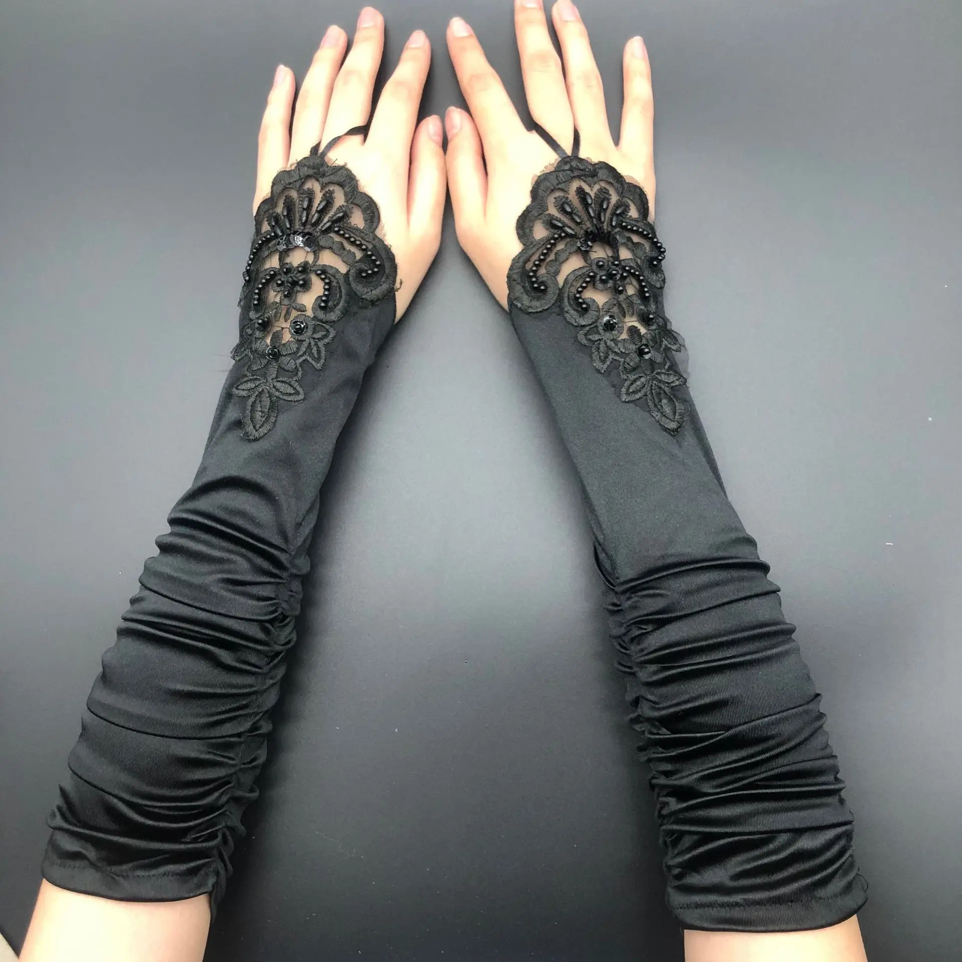 Fingerless Black Adult Women Sexy  Stretch Satin Long Gloves Sunscreen Driving Gloves Festival Dance Cosplay Gloves Mittens