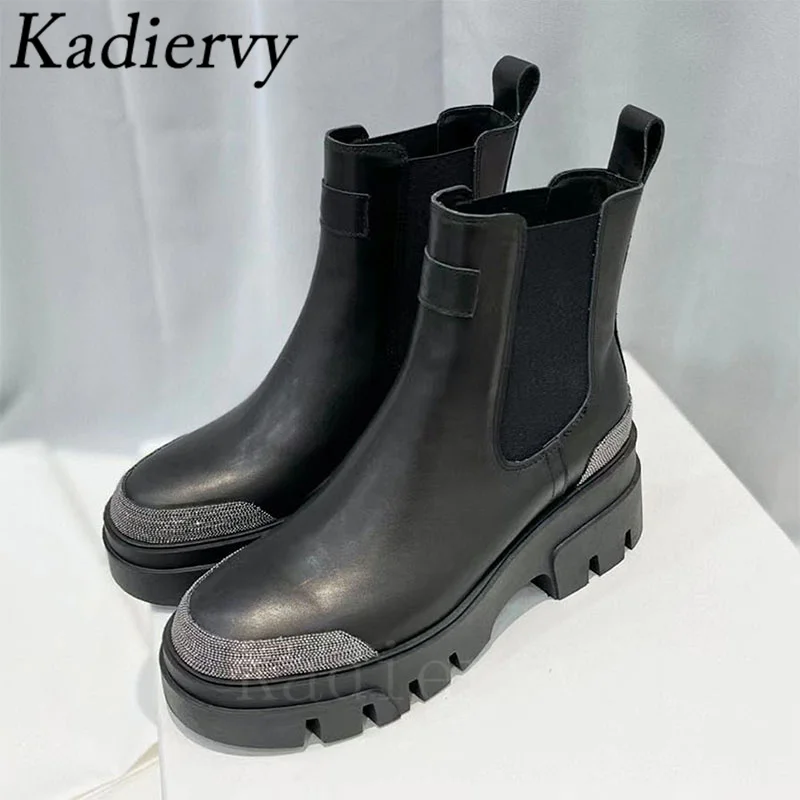 Thick Sole Motorcycle Boots Women Round Toe Slip-on Ankle Boots String Bead Flat Shoes Women Luxury Cow Suede Short Boots Woman