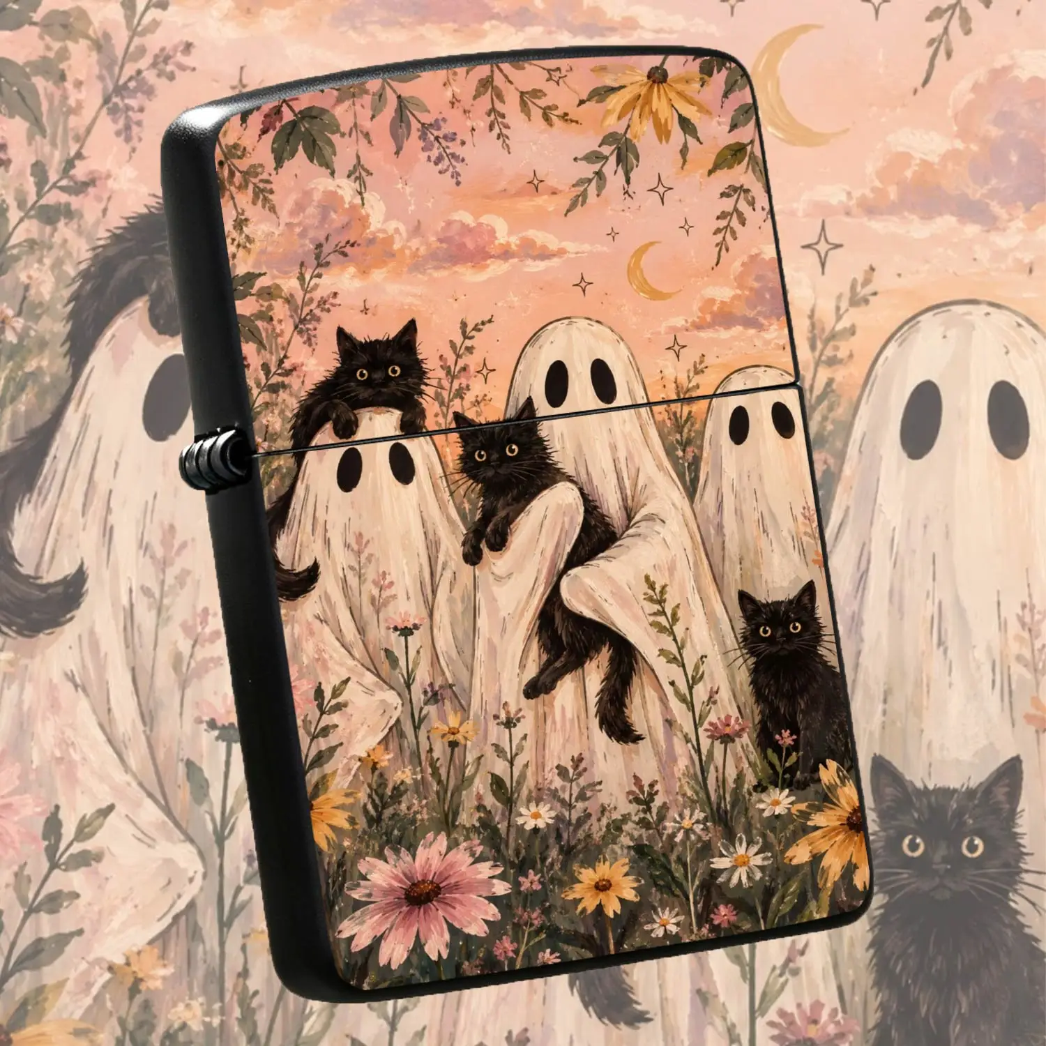 Vintage Whimsical Ghostlighter, Pastel Sunset Wildflower Field Art Decor, Cute Spooky Aesthetic Portable Daily Use Item, Ideal For Homegifting Dating Party, Unique Cozy Artistic Novelty Accessory For All Occasions A Humorous And Interesting