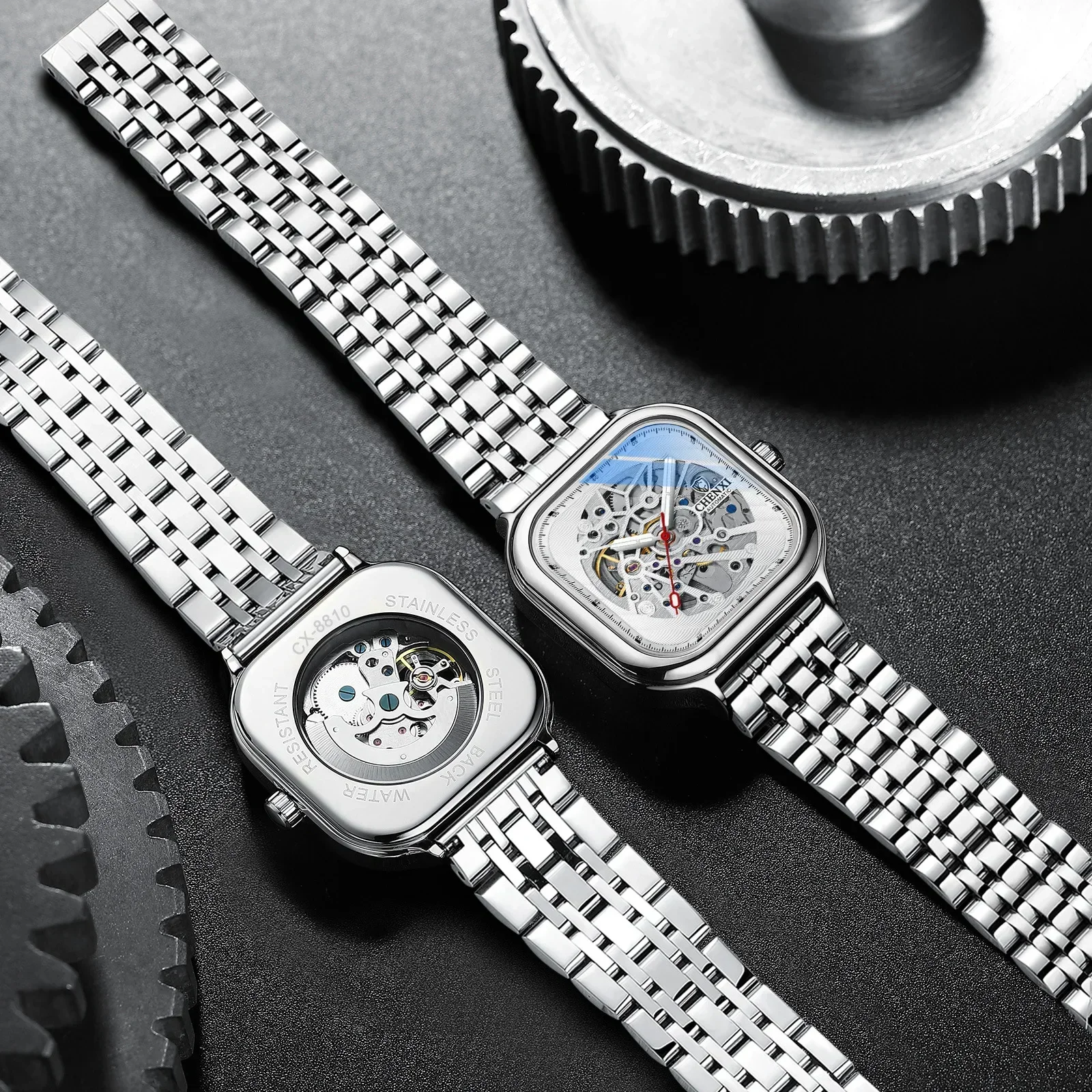 CHENGXI8810 ساعة ميكانيكية أوتوماتيكية مربعة للرجال مع مفرغة ومضيئة مقاومة للماء من الجلد ساعات عصرية للرجال #4