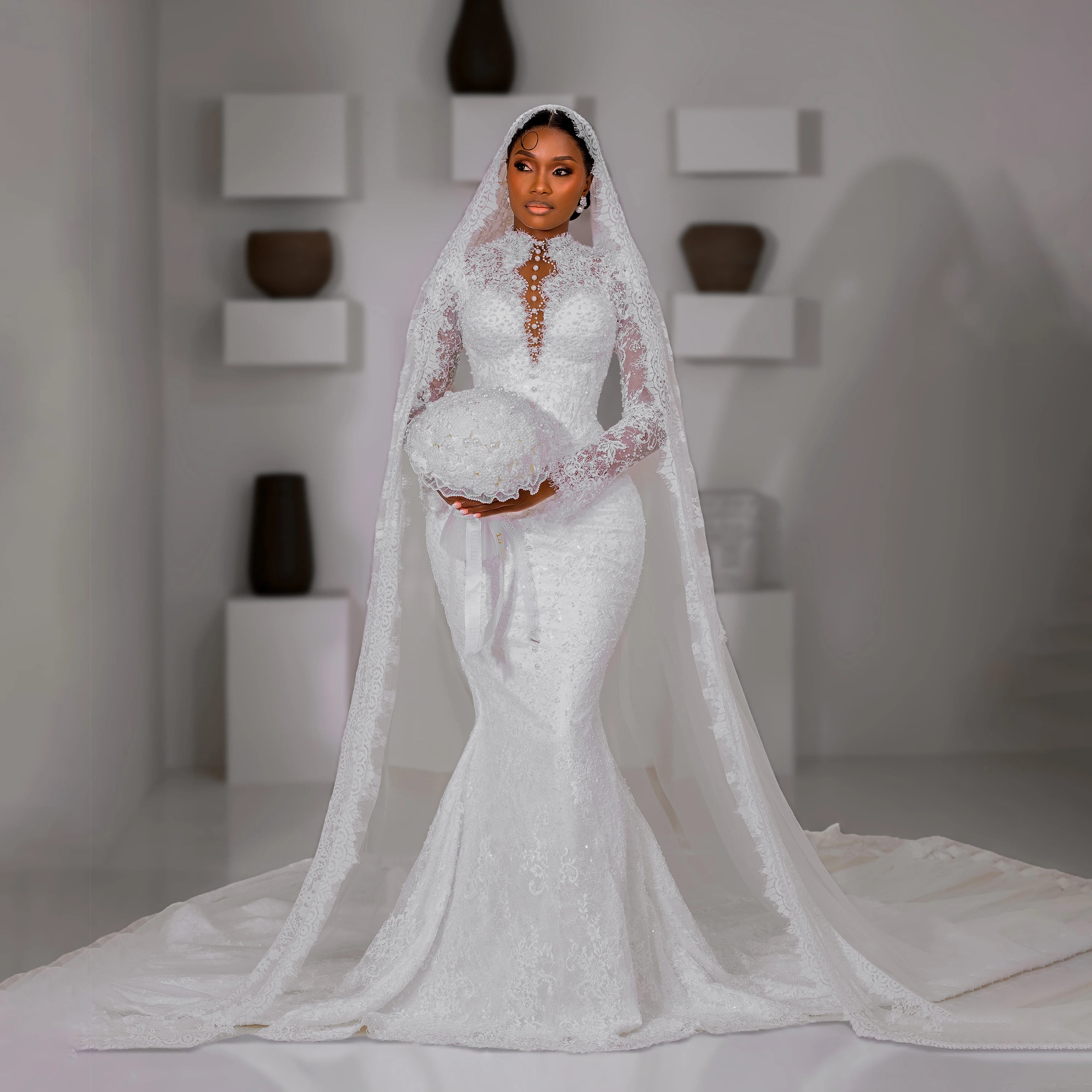 Vintage High Neck Mermaid Wedding Dresses Long Sleeve Vestido De Novia Corset Bridal Gown  Novias African Nigerian Customized