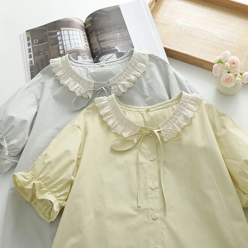 

High End Lace-up Bow Shirt for Women Summer New Loose French Lace Patchwork Short Sleeve Shirts Tops S174