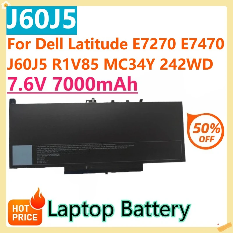 

For Dell Latitude E7270 E7470 J60J5 R1V85 MC34Y 242WD Li-Polymer J60J5 7.6V 7000mAh Replacement Battery