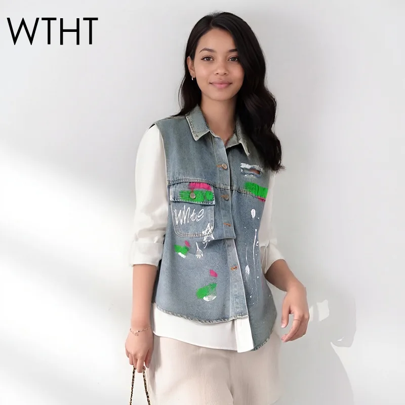 

WTHT New Fashion Women's Colorful Graffiti Spliced Denim Vest Fake Two-piece Shirt 2025 Autumn Long Sleeve Blouse Female 1LS2319