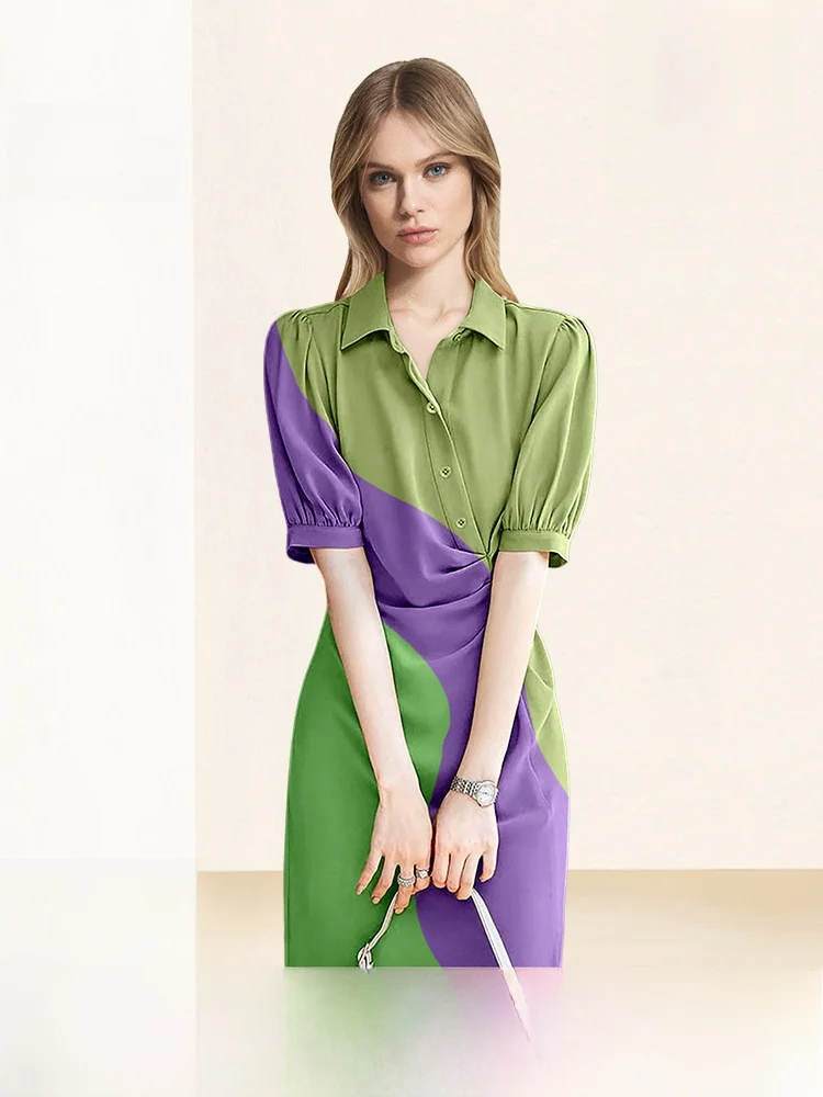 Vestido Camisero Ajustado a la Cintura, Diseño Elegante, Nueva Colección de Verano, Vestido de Mujer Diffie Rieger, Fibra de Poliéster Estampada