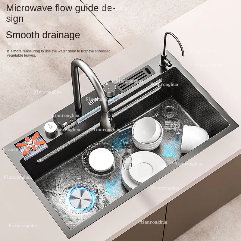 多機能家庭用洗面台,ハニカムフライ,レインカスケード,シングルシンク,304ステンレス鋼,デジタルディスプレイ,ハンドエンボス加工