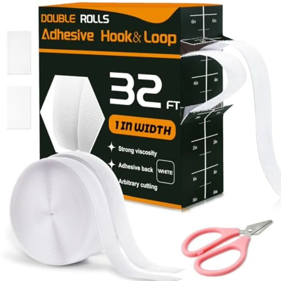 

32 Feet × 1 Inch Hook and Loop Strips with Adhesive, 2 Rolls White Self Sticky Double Sided Heavy Duty Strips, Sticky Back for