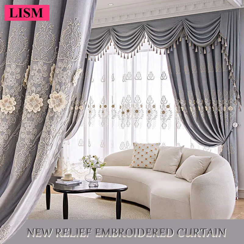 

European Luxury Grey Curtain for Living Room Bedroom Modern Window Blackout Embroidered Tulle Villa Elegant Valance Decor Custom