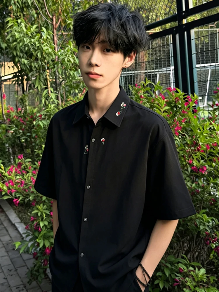 New Chinese Style Floral Embroidery Ice Silk Short Sleeve Men's Shirt Summer Cool Feeling Turn-down Collar Sun Protection Out...