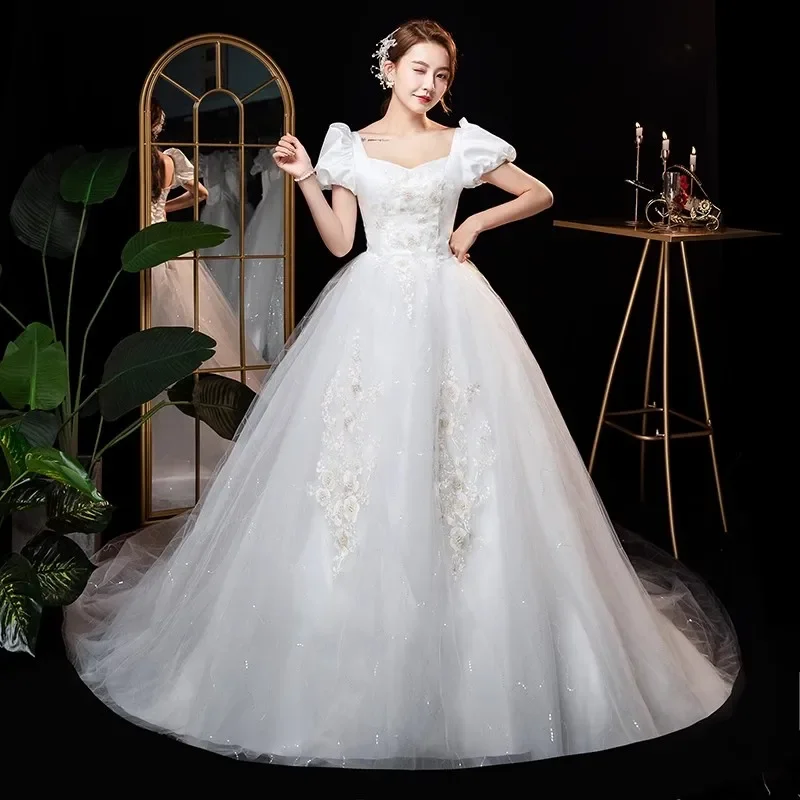 

Cheap Wedding Dresses White Satin Tulle Appliques Square Collar Short Sleeve bling Trailing Plus siz Lace up Bride Gowns XN149