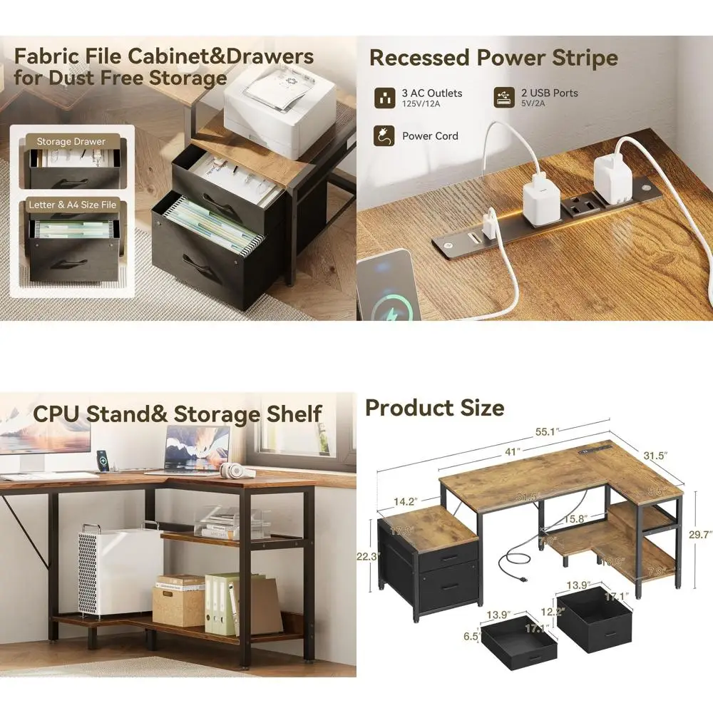 مكتب على شكل حرف L للمكتب المنزلي باللون البني الريفي مع مساحة تخزين وأدراج وخزانة ملفات ومنافذ طاقة