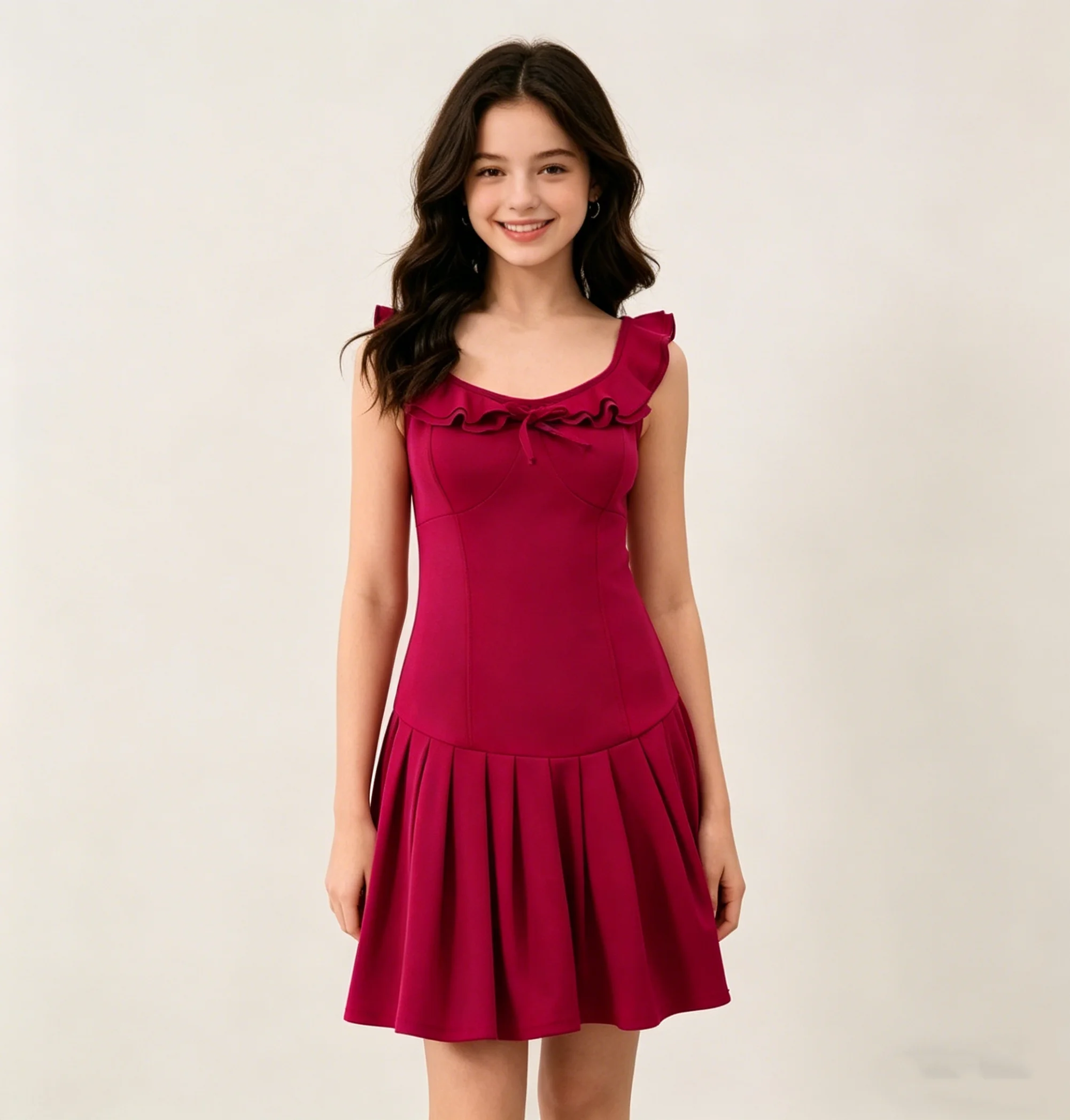Fashionable Light Luxury Wine-Red Evening Dress For Teenage Girls With A High-End Pleated Skirt And Bodice