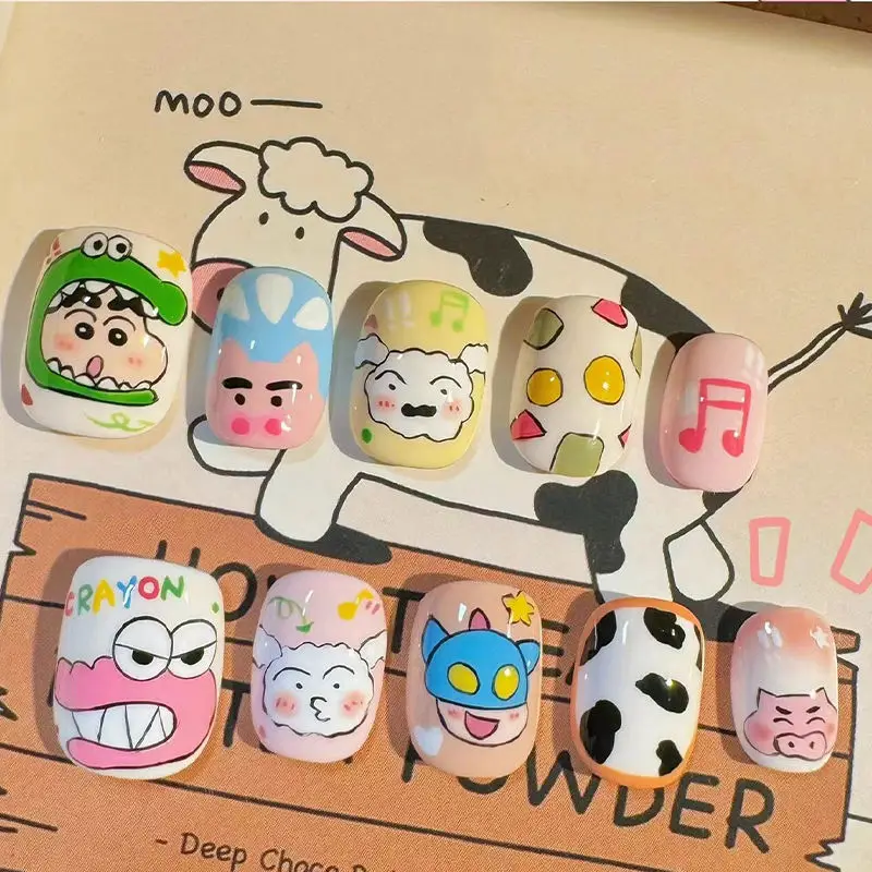 Anime Cartoon Shin-chan Kawaii False Nails Short Style Detachable Handmade Manicure Patch Kids Decoration Accessories Girls Gift