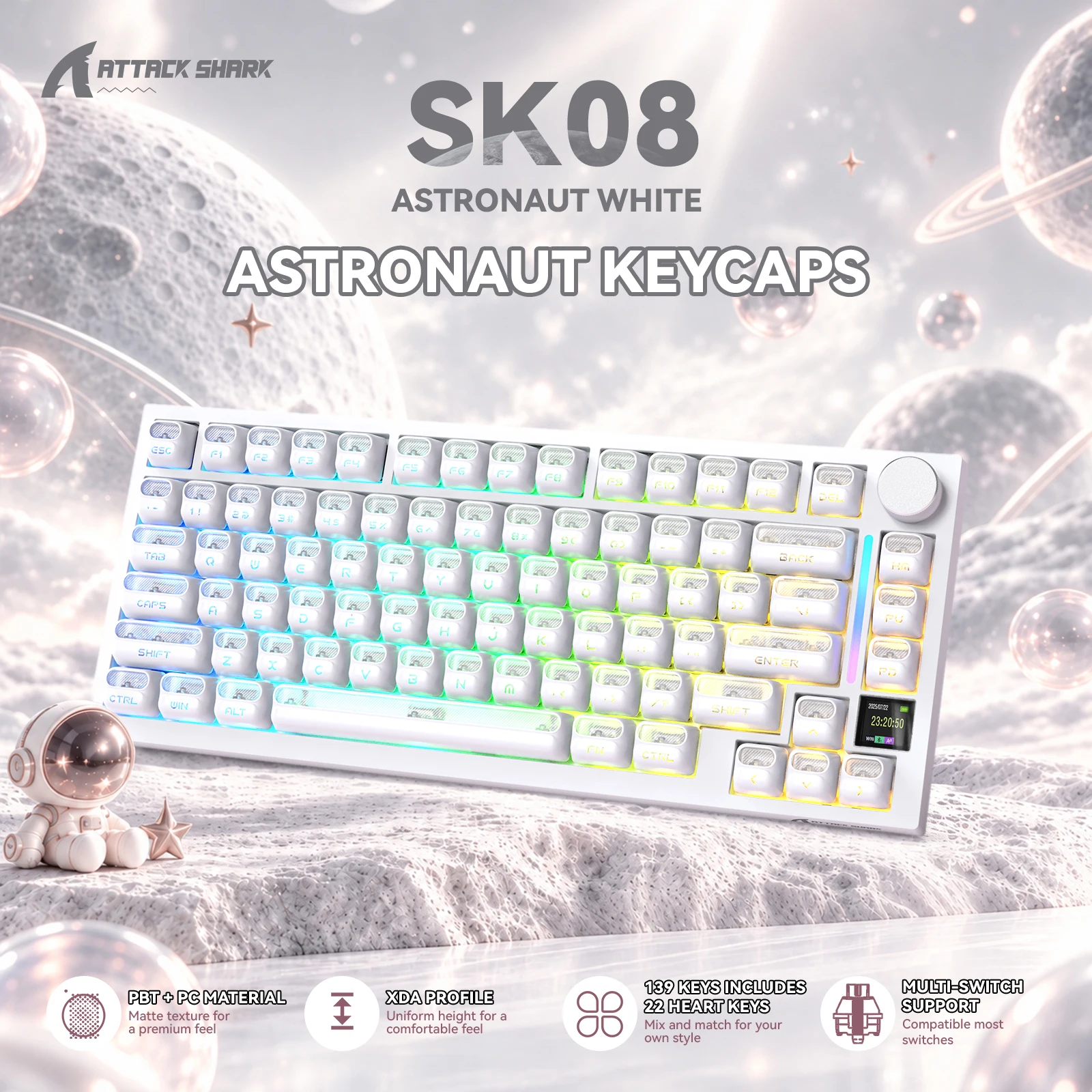 ATTACK SHARK SK08 139Keys Full Keycaps Set,Shine-Through,White,XDA Profile PBT&PC,22 Heart Accent Keys