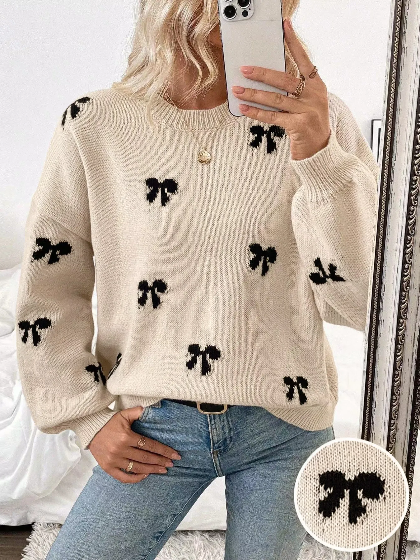 

Women's Bow Embroidered Knit Jumper Crew Neck Balloon Sleeve Oversized Pullover Loose Fit for Fall Daily Wear