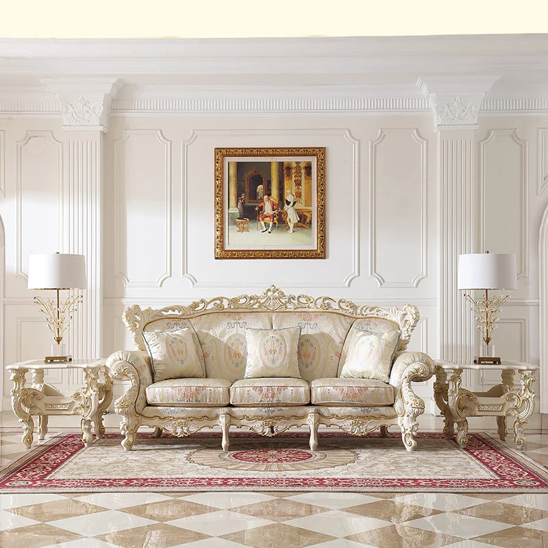 Palace French Furniture Solid Wood Gold Foil Fabric Sofa European Luxury Living Room 123 Combination