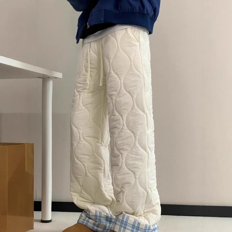 Autumn Winter Solid Color Gourd Pattern Warm Casual Trousers High Street Style Trendy Cuffed Plaid Wide Leg Cotton Pants